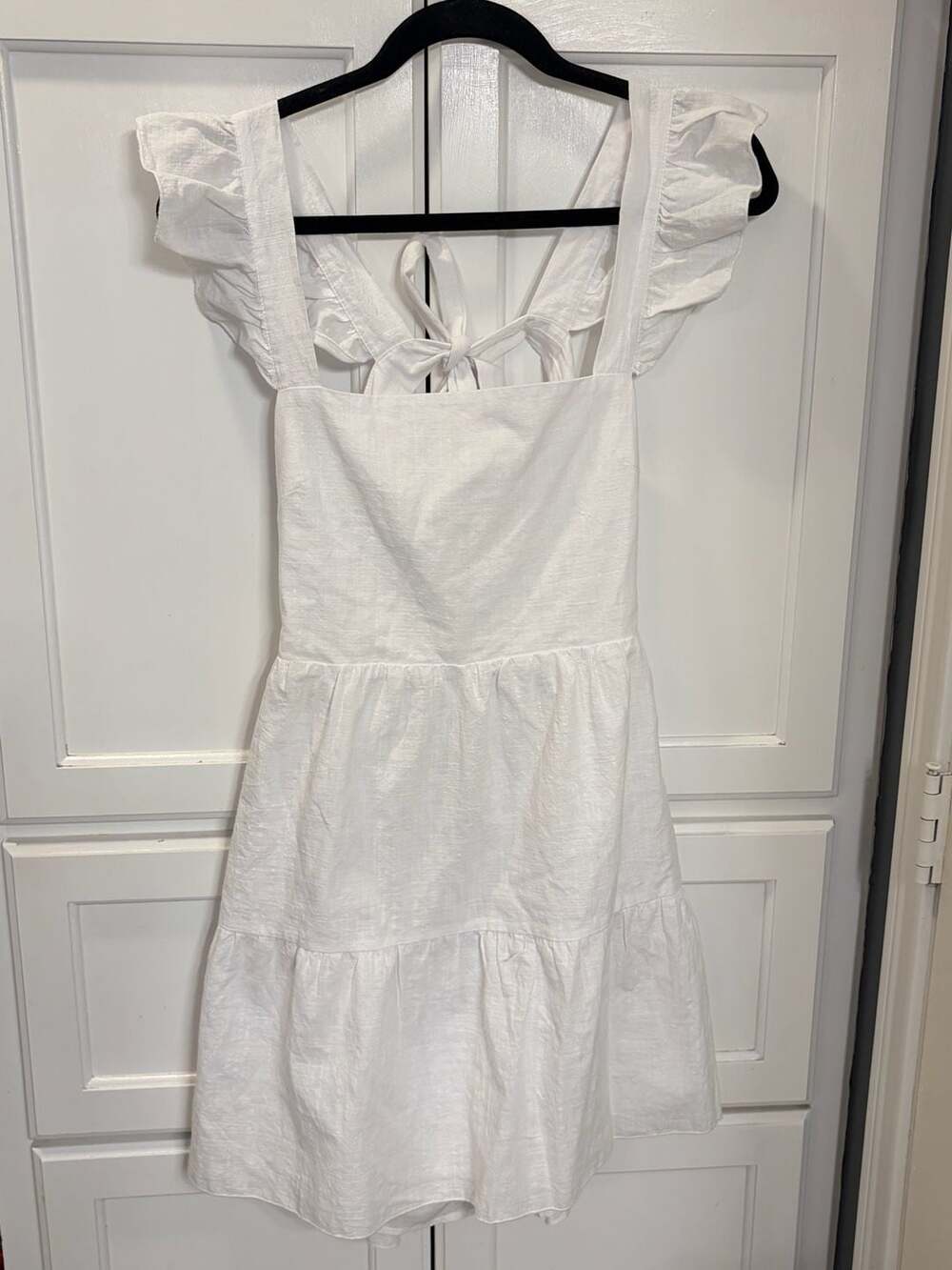 NWT SNDYS Everyday Peaches Mini Dress White Linen Blend Ruffle Tie Back Size M